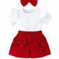 Elegant Attire Baby Girls Outfit Set, White Ribbed Top With Flutter Sleeves, Red Shorts With Bow, Headband Included (612 Months