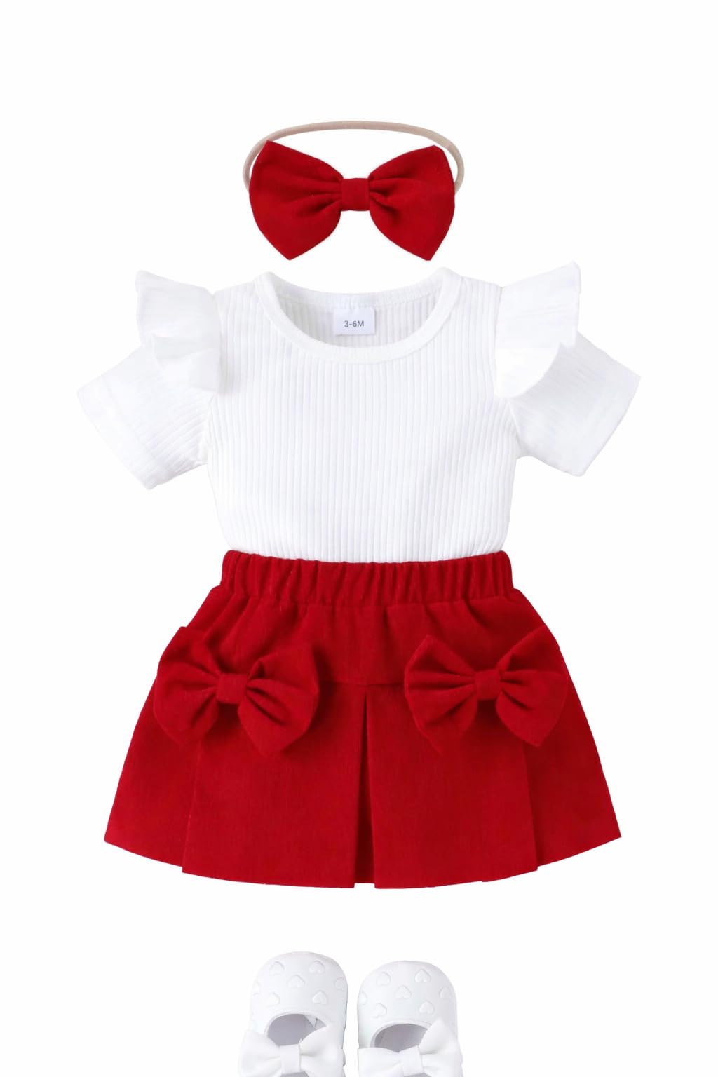 Elegant Attire Baby Girls Outfit Set, White Ribbed Top With Flutter Sleeves, Red Shorts With Bow, Headband Included (612 Months