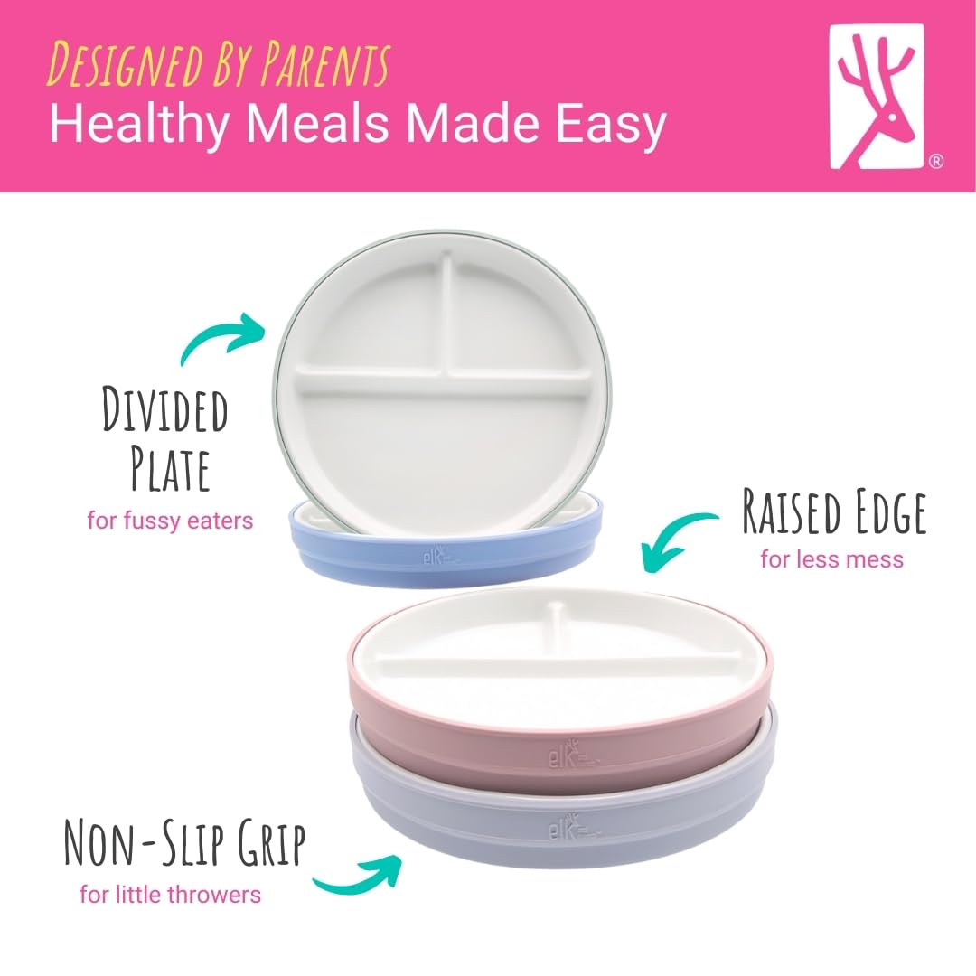 Elk And Friends Kids 6.7    Porcelain White Plates With Silicone Sleeves | Divided Plates | Suitable For Kids/Toddlers | Microwa