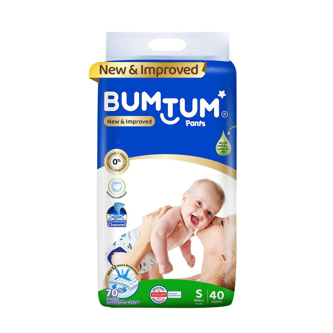 Bumtum Baby Diaper Pants, Small Size 40 Count, Double Layer Leakage Protection Infused With Aloe Vera, Cottony Soft High Absorb 