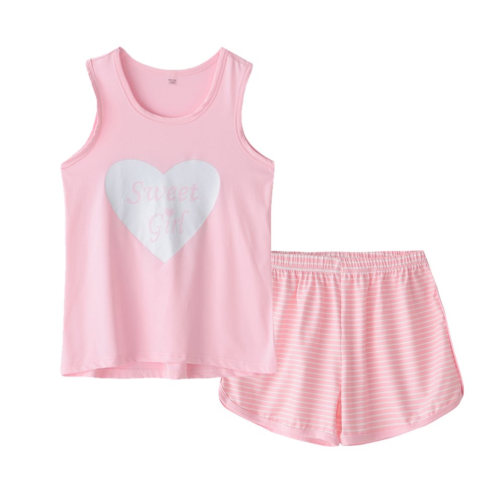 MyFav Big Kids Girls Sleeveless Sleepwears Hearts Shape Striped Pajama Nightgown Pink