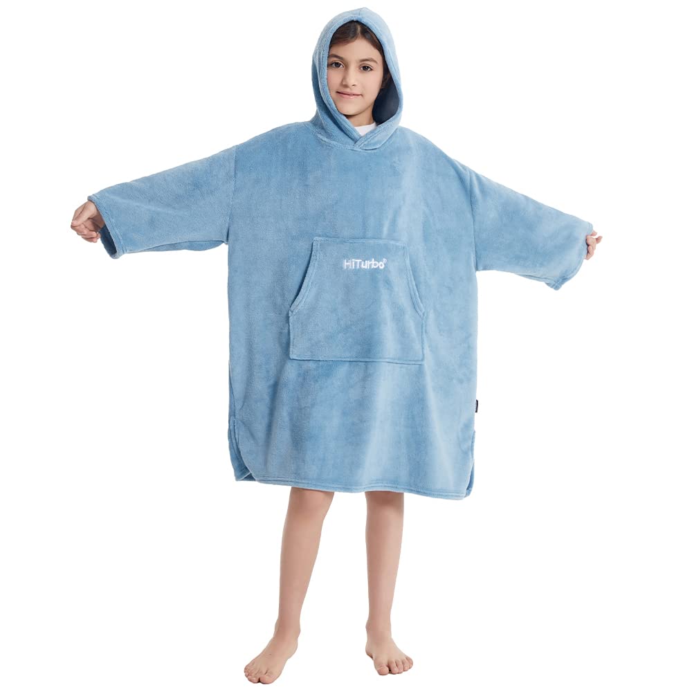 Hiturbo Kids Towel Changing Robe: Soft Plush Wearable Blanket - Warm Coral Fleece Hoodie - Swim Surf Poncho For 5-12 Years (Blue