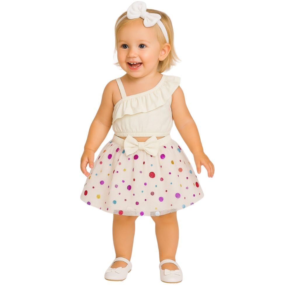 A.T.U.N. (All Things Uber Nice) Baby Girls One Shoulder Crop Top With Polka Printed Skirt & Matching Headband Set | 3 Piece Outf