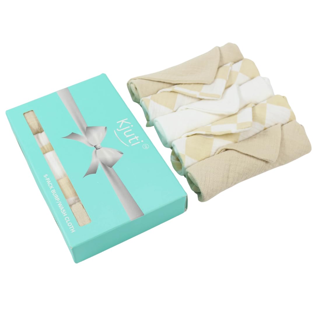 Kjuti Baby Muslin 100% Cotton Burp Washcloth - 4 Layer Hypoallergenic Saliva Soothe Face Washcloths - Burp Cloths 10X10 Inch -Ne