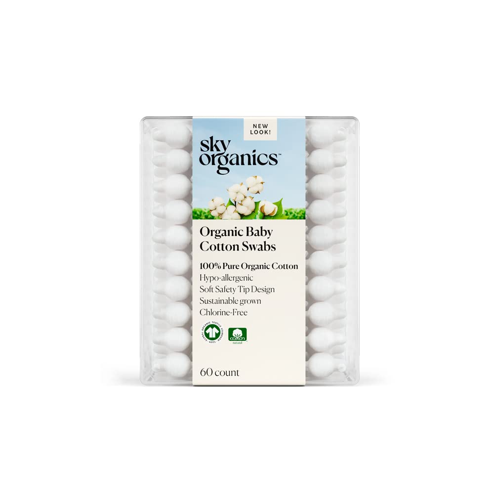 Sky Organics Organic Baby Cotton Swabs For Baby, 100% Pure Organic Cotton, Gots Certified Organic Cotton, 60 Count