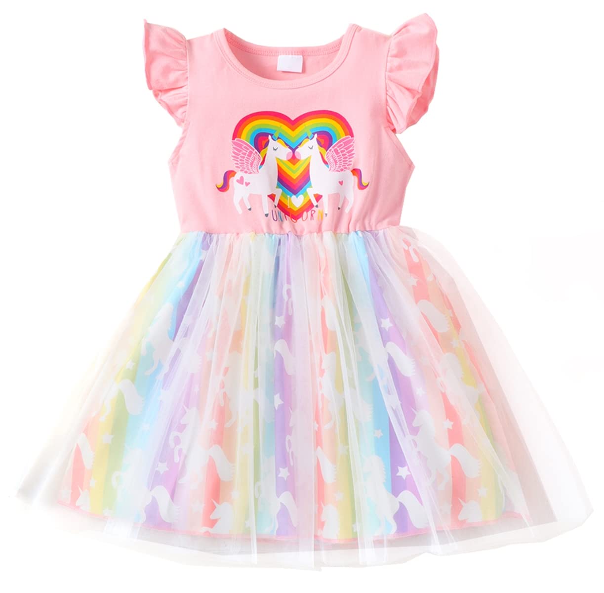 Baby Girl Unicorn Tulle Tutu Dress Toddler Girls Valentines Heart Tulle Dresses Flutter Sleeve Unicorn Birthday Outfit 3-4T