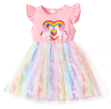 Baby Girl Unicorn Tulle Tutu Dress Toddler Girls Valentines Heart Tulle Dresses Flutter Sleeve Unicorn Birthday Outfit 3-4T