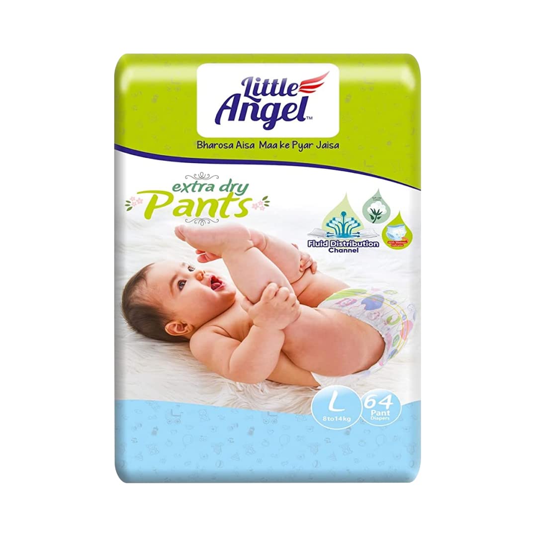 Little Angel Extra Dry Baby Pants Diaper, Large (L) Size, 64 Count, Super Absorbent Core Up To 12 Hrs Protection & Wetness Indic
