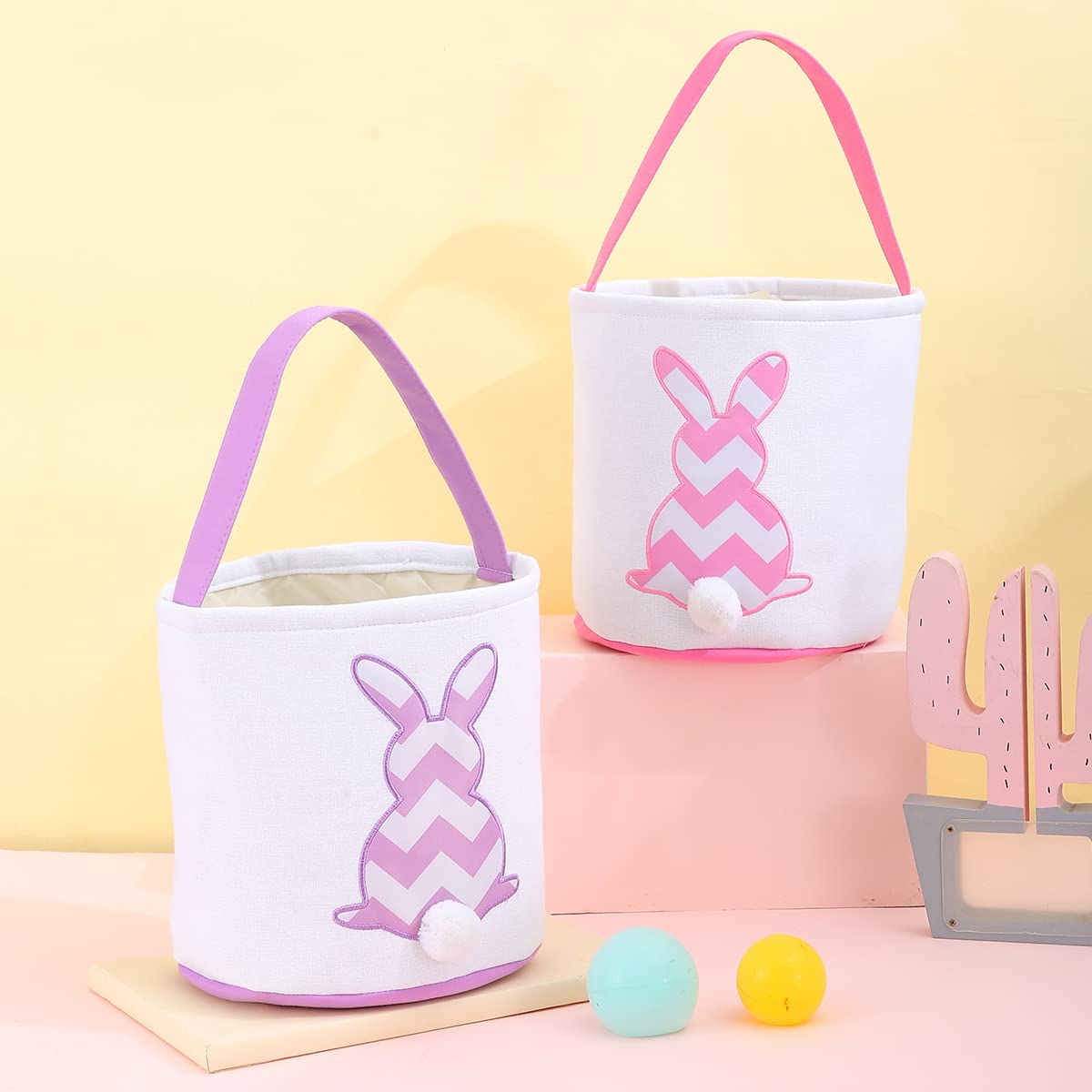 Cootato Easter Bunny Basket Bags For Kids, Stripe Rabbit Pattern Egg Basket Hunt Bags Personalized Canvas Cotton Bucket With Flu