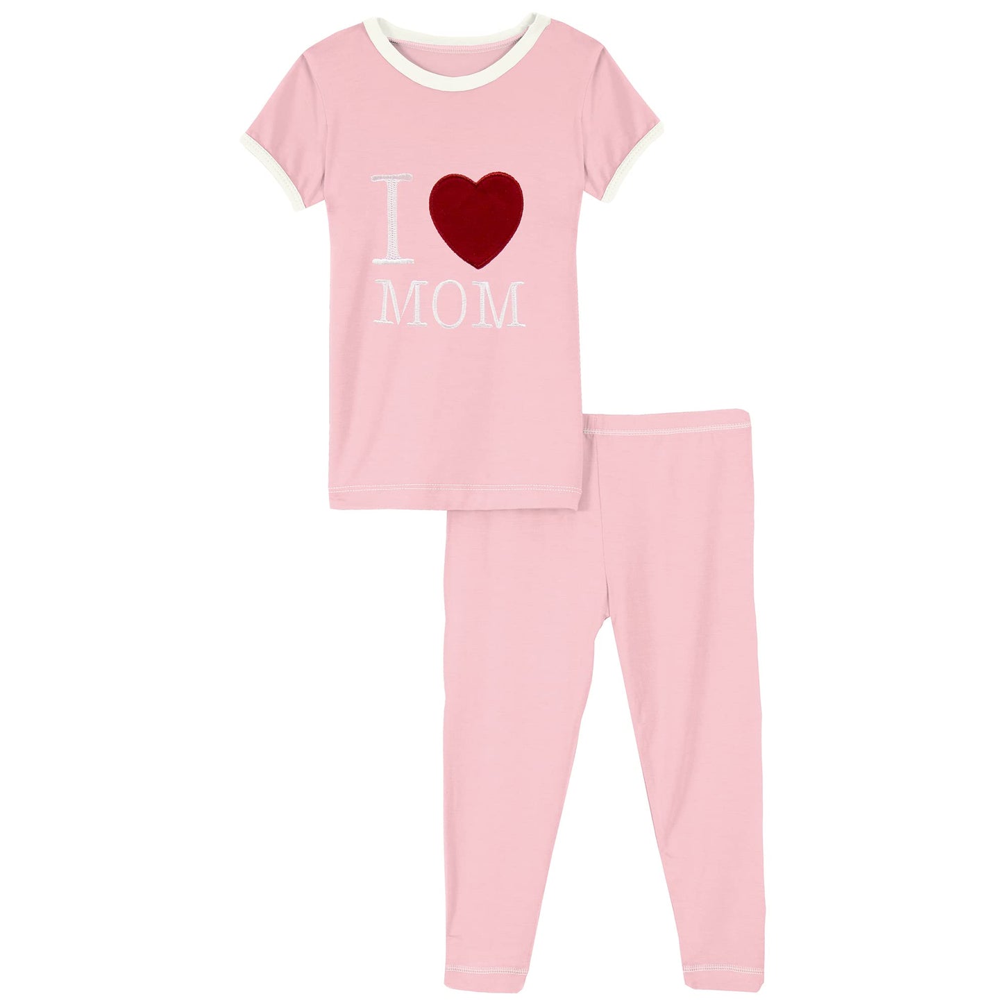 Kickee Two-Piece Applique Pajama Set With Short Sleeves, I Love Mom Baby Pajamas (Lotus I Love Mom - 12-18 Months)