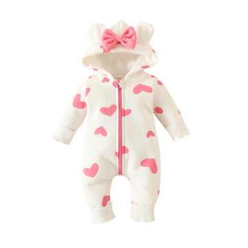 Newborn Baby Girl Hooded Jumpsuit Heart Cow Zip Up Long Sleeve Infant One Piece Romper Snowsuit Valentines Day Outfit (Heart Pin