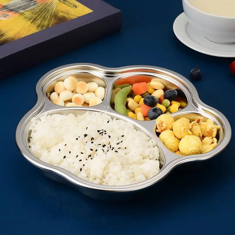 Happy Hues Stainless Steel Divided Meal Plate Tray3 Compartments Dinner Dish For Baby (Paw)