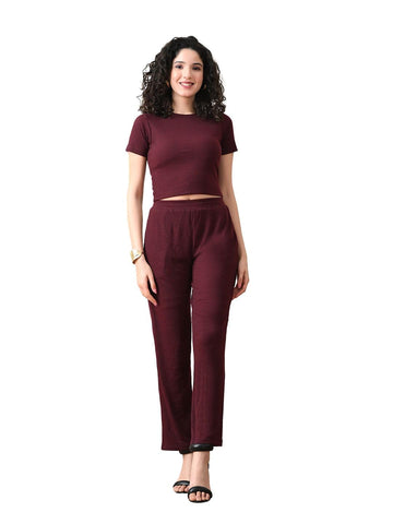 Unifringe Maroon Ribbed CoOrd Set | Round Neck Crop Top With High Waist Pant (Maroon,L)