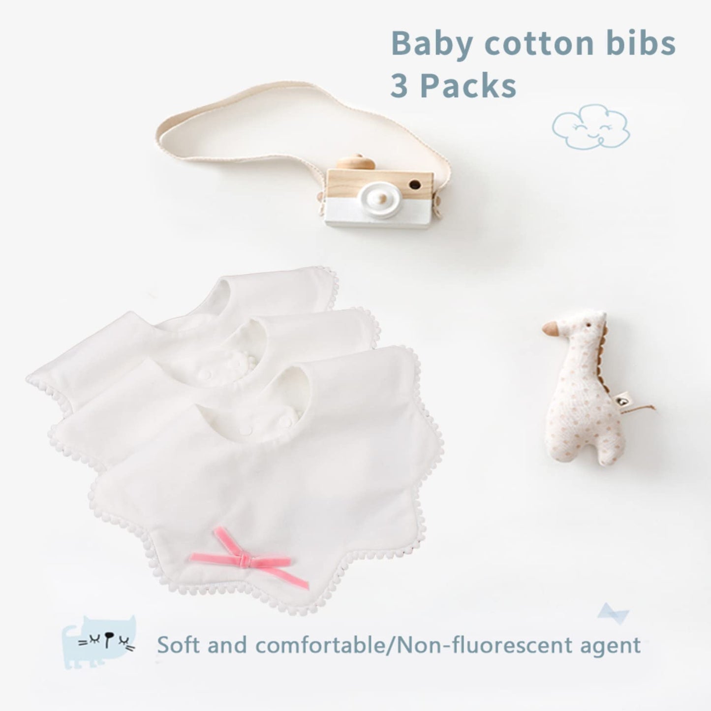 Bamery Baby Bandana Bibs White Cotton Drool Bibs For Drooling And Teething Absorbent For Boy Girl (White+Bow)