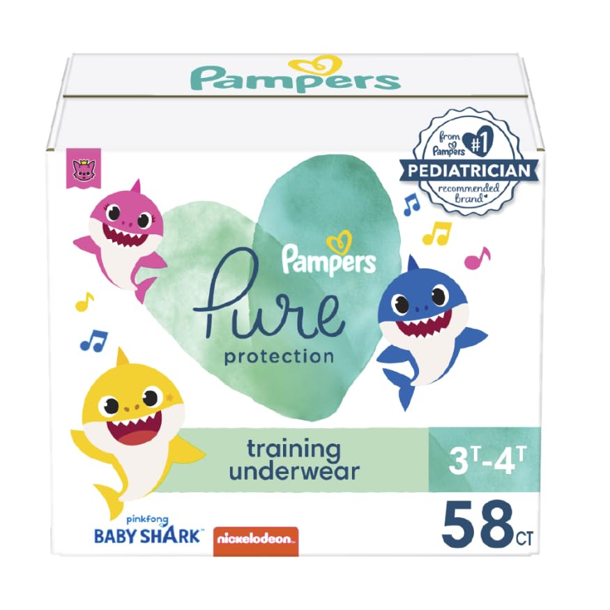 Pampers Training Pants - Pure Protection - Size 3T-4T, 58 Count, Baby Shark Premium Hypoallergenic Potty Underwear