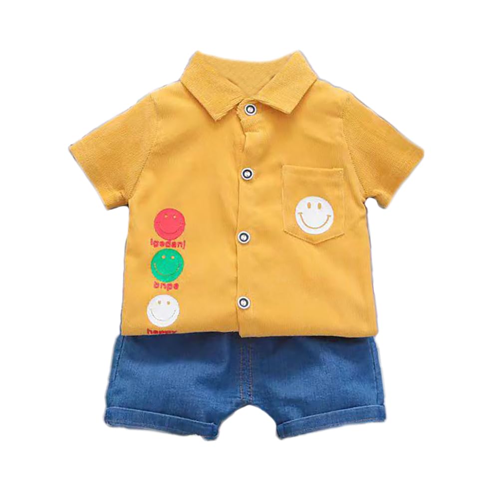 Bold N Elegant KidS Smiley Happy Face Print Boys Corduroy Shirt & Denim Shorts For Infant Toddler Tween Boys (12 Years, Yellow)