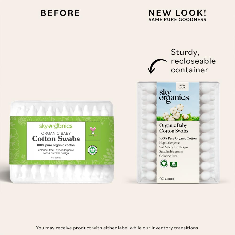 Sky Organics - Organic Baby Cotton Swabs, 180 Ct. - Ultra Soft Baby Safe Tips - Strong & Durable - Hypoallergenic - Chlorine Fre