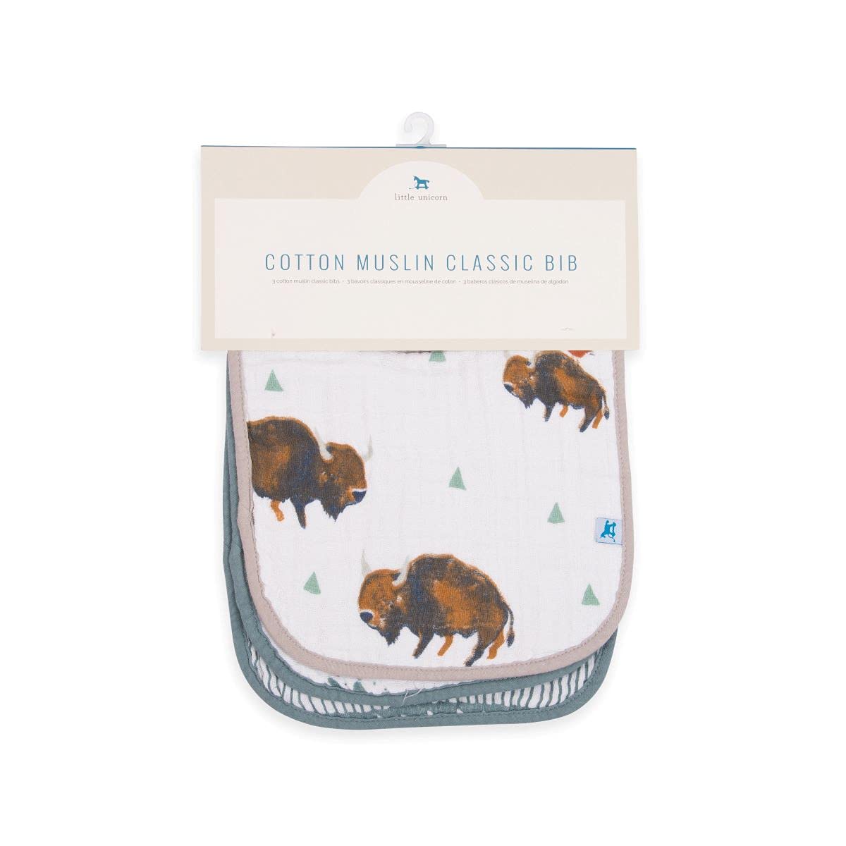 Little Unicorn Premium Classic Bib 3 Pack | Adjustable As Baby Grows | Soft Fabric On Skin | Great For First Time Eaters (Bison)