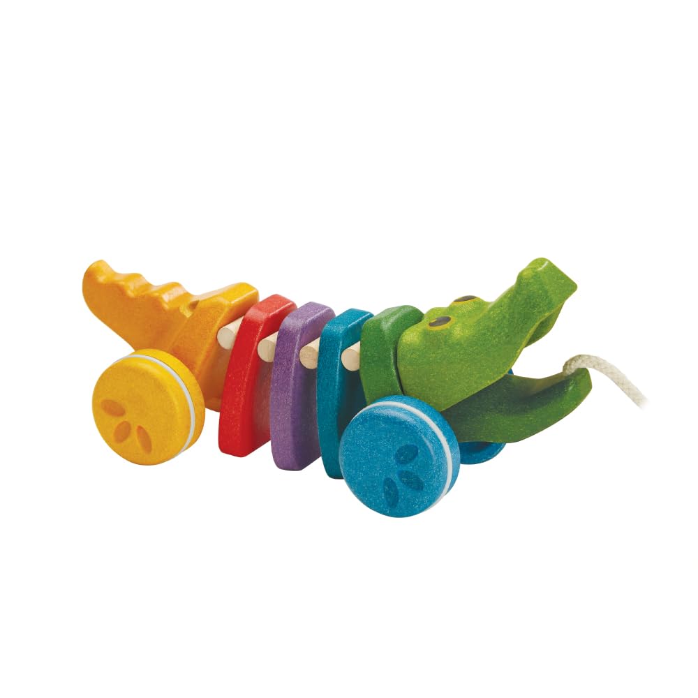 PlanToys Dancing Alligator Push & Pull Toy - Sustainably Made from Rubberwood, Makes Click-Clack Sounds and Dancing Movements wh