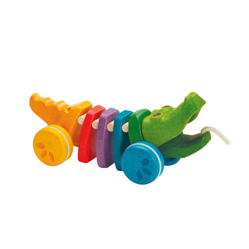PlanToys Dancing Alligator Push & Pull Toy - Sustainably Made from Rubberwood, Makes Click-Clack Sounds and Dancing Movements wh