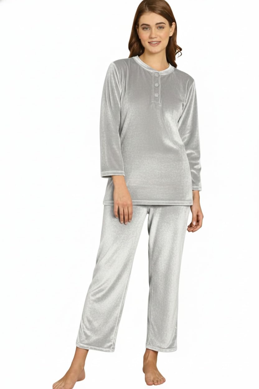 ORIEXFABB Mandarin Collar Long Sleeves Velvet Top & Pyjamas Winter Night Suits (Set of 2)163 Light GreyL