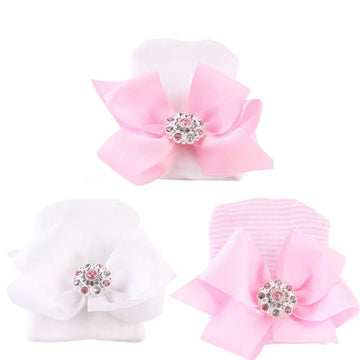 Aijian Newborn Hospital Hat Infant Baby Hat Cap With Big Bow Soft Cute Knot Nursery Beanie (3 Pack Bow Knit Rhinestone Ribbon/ 0