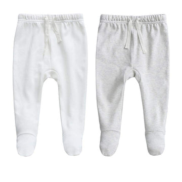 Owlivia 100% Organic Cotton Baby Boy Girl 2-Pack Footed Pants Wiggle Pants Jogging Pants(White & Grey Melange, Newborn)