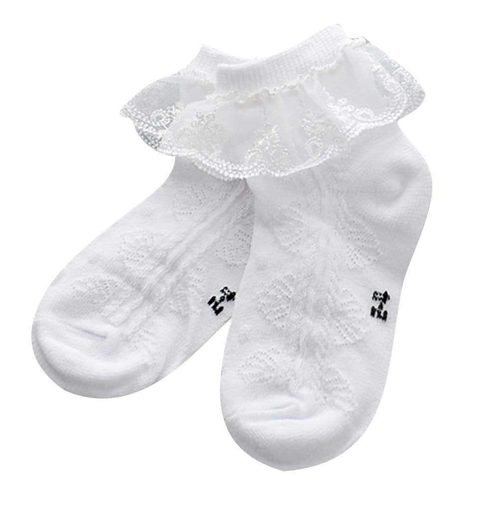 Domii Toddler Girl Dress Socks With Ruffles Little Girl Lace Socks Eyelet Frilly Ankle Socks 3-Pack 3 Pairs M(3-5T)