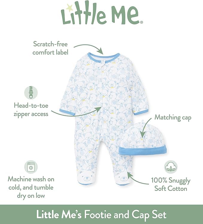 Little Me Baby Boys 2-Piece Boys' And Cap Set Footie, Grey Heather Multi, 6 Months Us