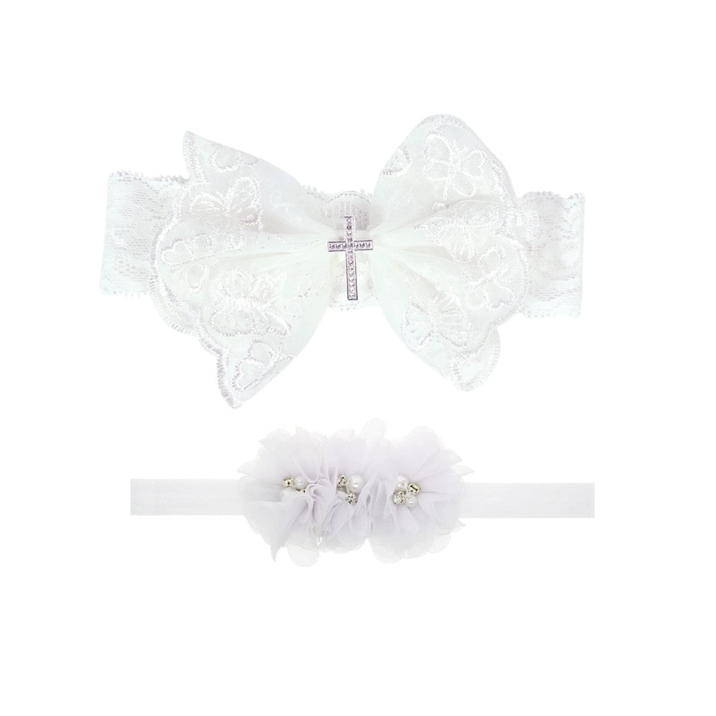 Nishine 2 Pack Baptism White Newborn Bowknot Headbands Baby Christening Hair Bows Headwrap Toddler Hairband (Cross Button)