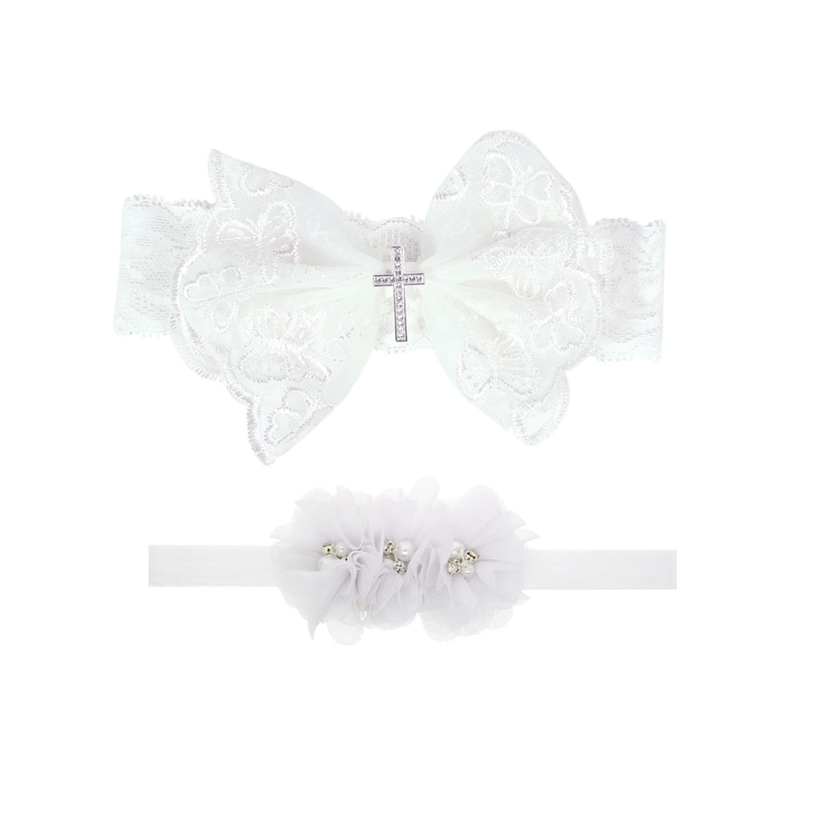 Nishine 2 Pack Baptism White Newborn Bowknot Headbands Baby Christening Hair Bows Headwrap Toddler Hairband (Cross Button)