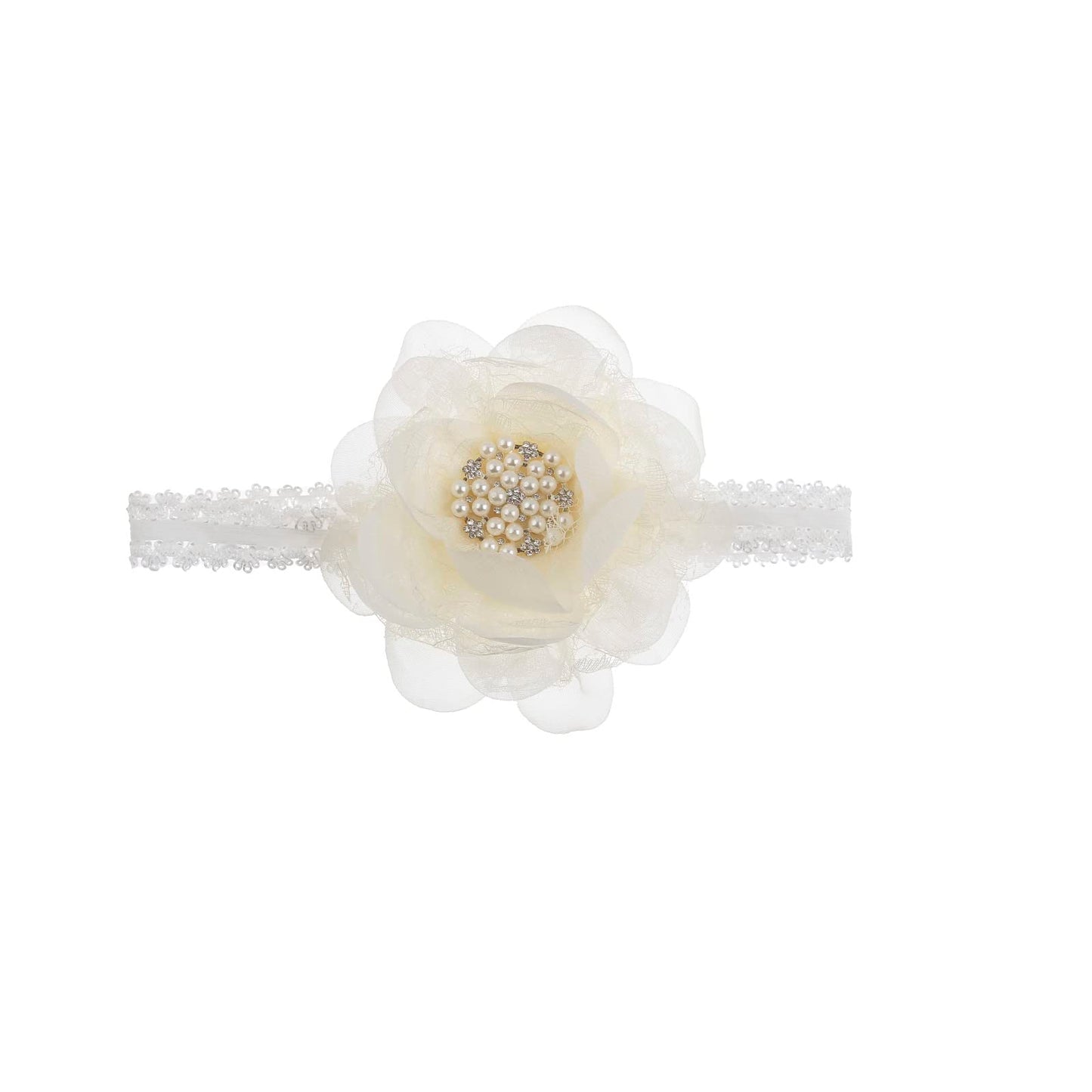 Nishine 2Pack Newborn Elactic Lace Crwon Headband Toddler Girls Fabric Flower Pearl Hairband For Baby Shower Birthday Gift (Whit