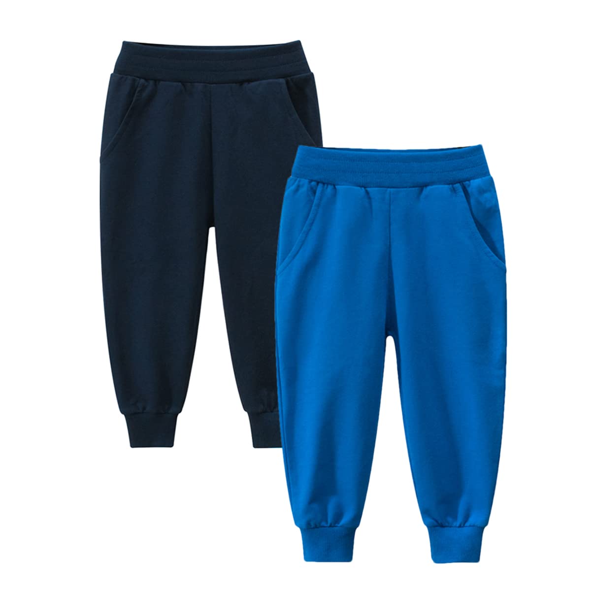 Gfqlong Toddler Baby Boys 2 Pack Cotton Active Jogger Pants,Kids Casual Athletic Sweatpants Solid Pocket Bottoms,Navy Blue+Blue
