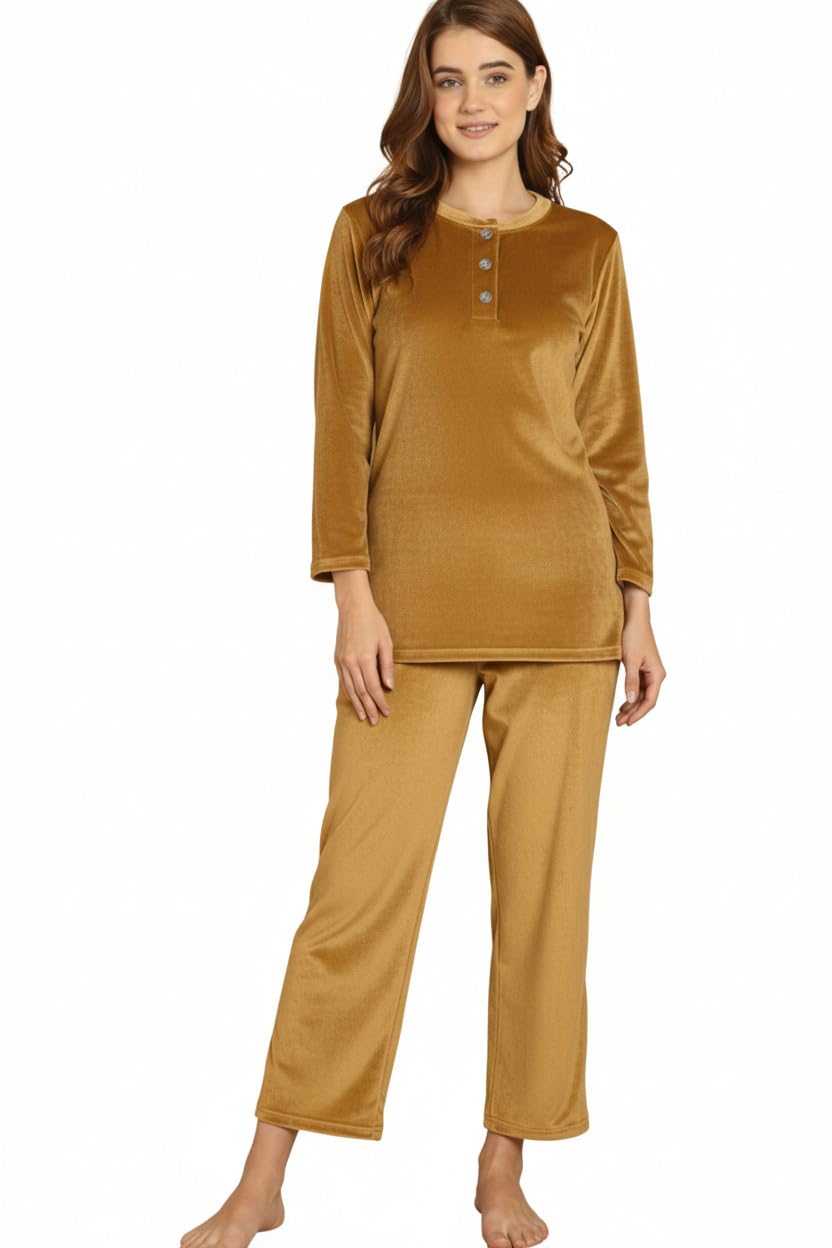 FASHIOFFLY Mandarin Collar Long Sleeves Velvet Top & Pyjamas Winter Night Suits (Set of 2)163 GoldXL