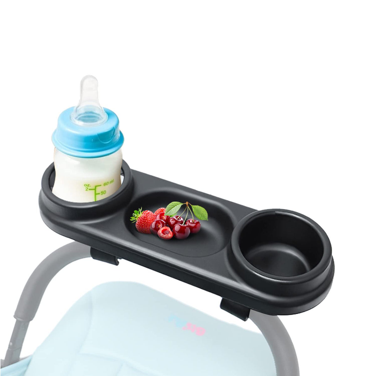 ROMIRUS Universal Stroller Snack Tray with Double Cup Holder, Upgraded Removable Super Clip for Bumper Bar of Stroller