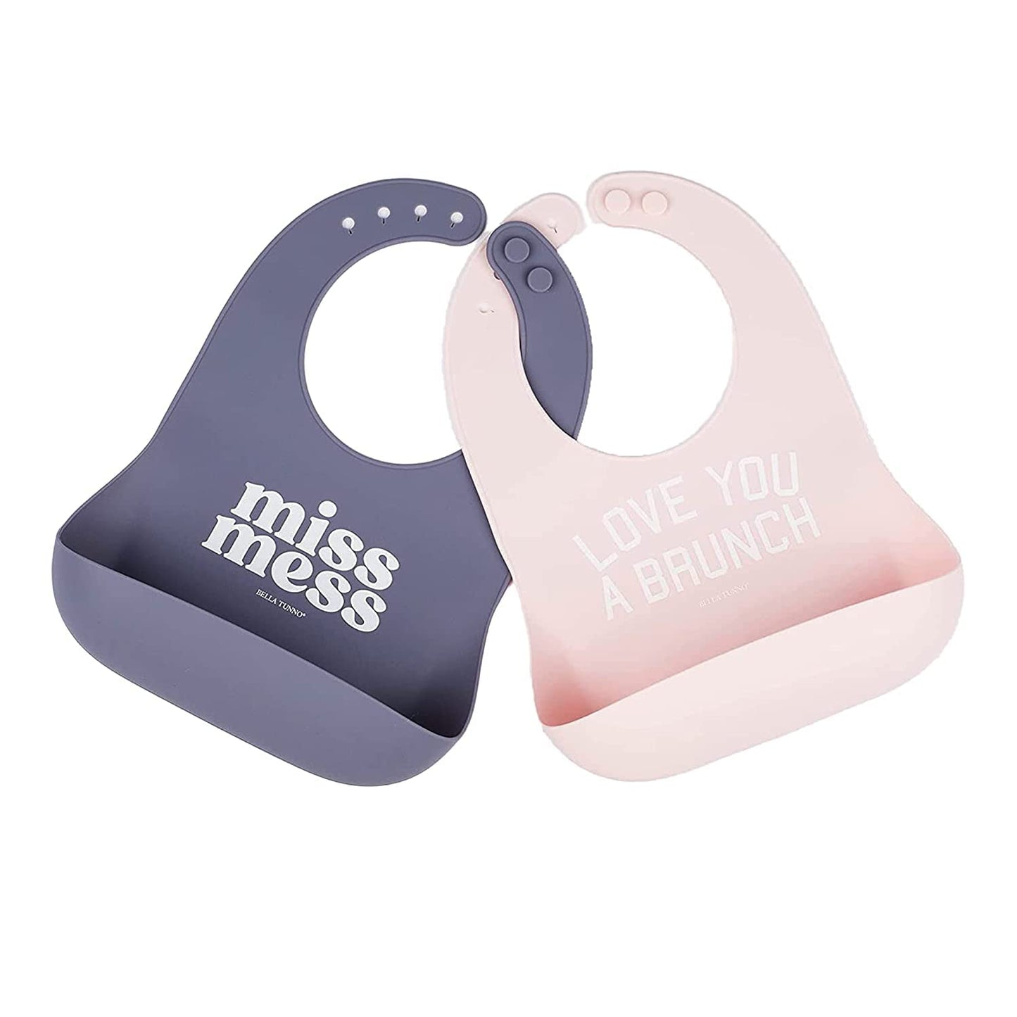 Baby Bib for Eating by Bella Tunno, Set of 2 Waterproof Silicone Bibs with Large Food Catcher, Adjustable Fit for Babies 4-12 mo