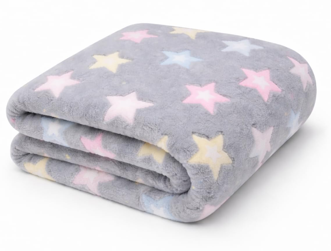 First Kick Kids Blankets Printed Sheet For Boys And Girls (05 Years), Length 150 Cm X Width 100 Cm, Grey Stars Pack Of 1 Pc.