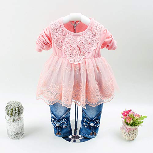 Peacolate Spring Autumn Baby Girls Clothing Set 3Pcs Long Sleeve T-Shirt Denim Jacket And Jeans(Pink,1-2Years)