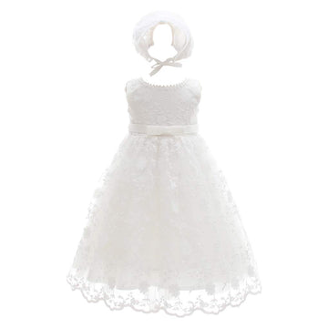 Baby Girls Floral Embroidered Overlay Sleeveless Christening Gown Baptism Tulle Dress With Bonnet Ivory Size 24M / 18-30Months