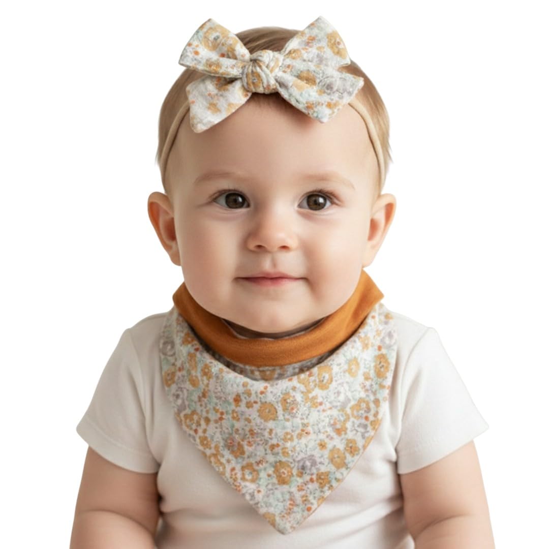 Polka Tots Cotton Floral Print Bow Headband With Reversible Bandana Bib Set  Orange