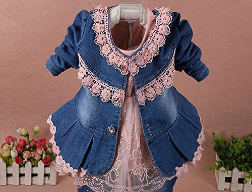 Yao 6M-4Y Infant 3Pcs Baby Girls Clothes Set Toddler Outfits Lace Dress Jacket And Jeans (4-5Y,Flower-Pink)