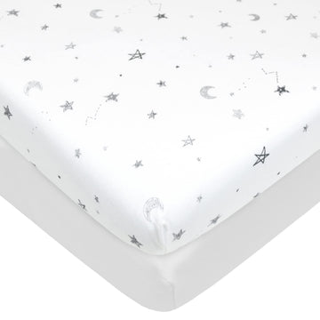 American Baby Company 2 Pack Printed 100% Natural Cotton Jersey Knit Fitted Pack N Play Playard Sheet, Gray Star and White, Soft