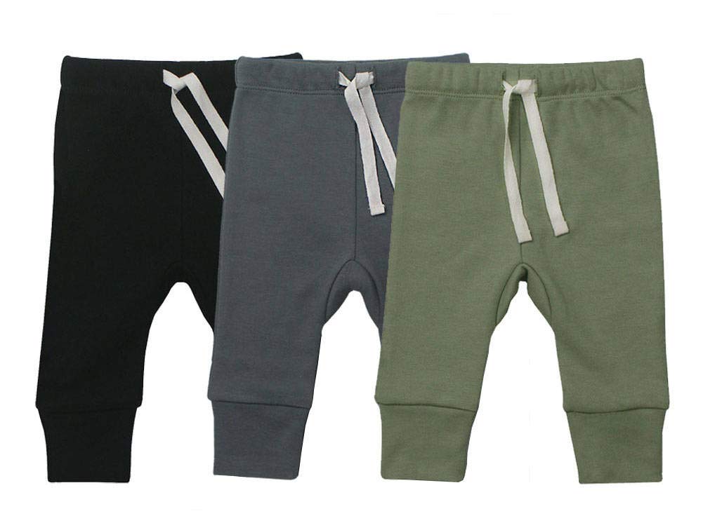 Honesborn Baby Unisex 3-Pack Pants, Infant Boys Girls Cotton Tapered Ankle Pants(0-3 Months, Black/Slate Gray/Sage)