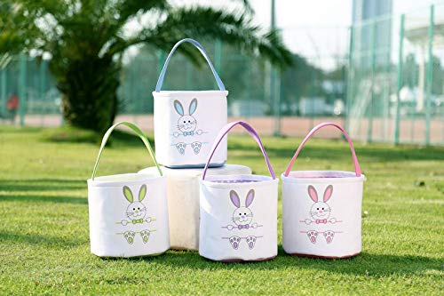 Easter Bunny Basket Egg Bags For Kids,Canvas Cotton Personalized Candy Egg Basket Rabbit Print Buckets With Fluffy Tail Gifts Ba