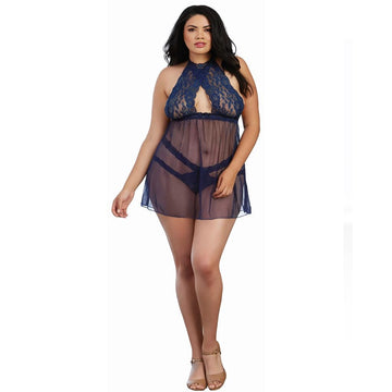 Dreamgirl Women'S Plus Stretch Lace And Mesh Babydoll With Matching Panty, Midnight, One Size-Queen