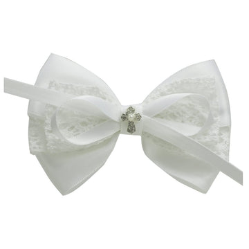 1Pcs White 4    Hair Bow for Toddler Girls Baptism Bow Christening Hair Accessories (I-white cotton lace bow with cross)