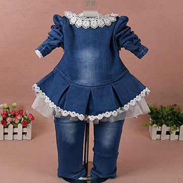 Yao 6M-4Y Infant 3Pcs Baby Girls Clothes Set Toddler Outfits Lace Dress Jacket And Jeans (1-2Y,Flower-White)