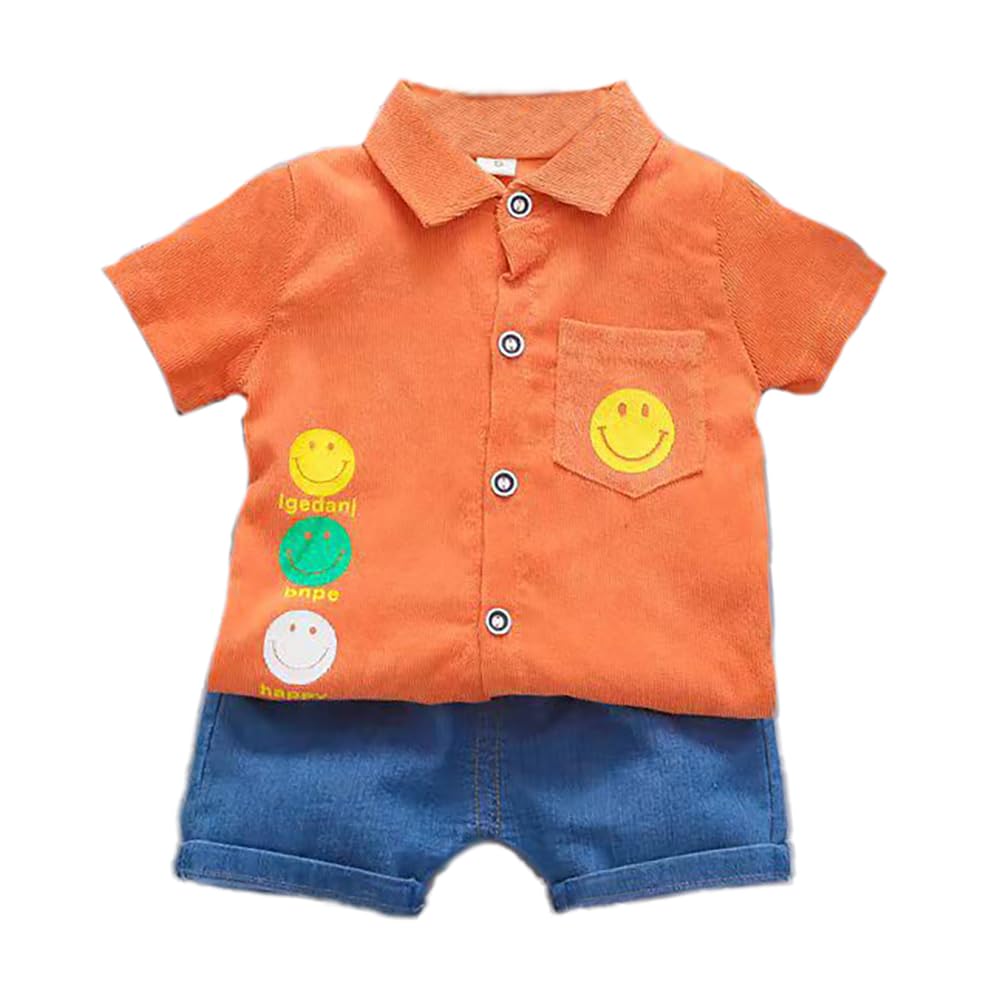 Bold N Elegant KidS Smiley Happy Face Print Boys Corduroy Shirt & Denim Shorts For Infant Toddler Tween Boys (56 Years, Orange)