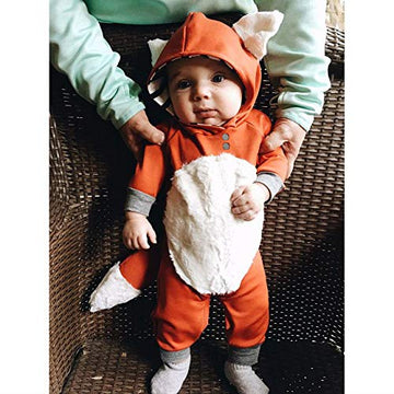 Newborn Baby Girl Boy Halloween Cosplay Cartoon Clothes Fox Coat Fur Bodysuit Jumpsuit Hooded Playsuit Romper Overall Outfit (Or