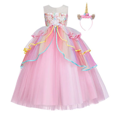 Izkizf Girls Unicorn Costume Flower Princess Long Maxi Tulle Dress W/Headband Birthday Party Halloween Carnival Cosplay Outfits